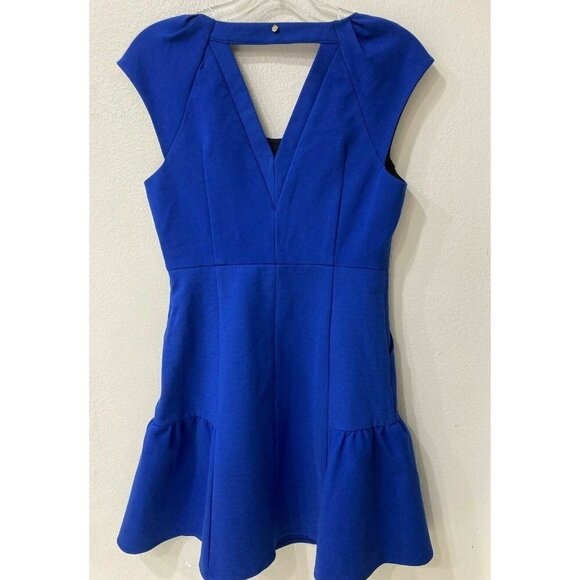 Harlyn size medium fit flare short blue party dress cut out V-back scoop neck - Picture 2 of 9